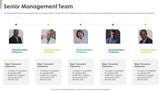 Investors Pitch General Deal Mergers Acquisitions Senior Management Team Ppt Infographics Example Topics PDF