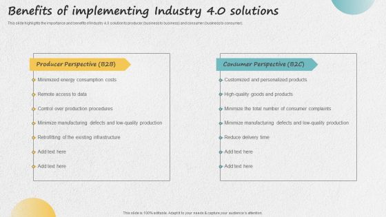 Iot Applications For Manufacturing Industry Benefits Of Implementing Industry 4 0 Solutions Brochure PDF