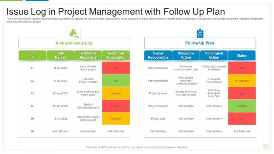 Issue Log In Project Management With Follow Up Plan Ppt PowerPoint Presentation Gallery Slides PDF