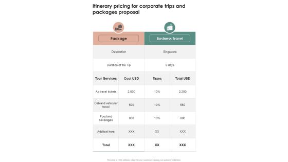 Itinerary Pricing For Corporate Trips And Packages Proposal One Pager Sample Example Document Itinerary Pricing For Corporate Trips And Packages Proposal One Pager Sample Example Document