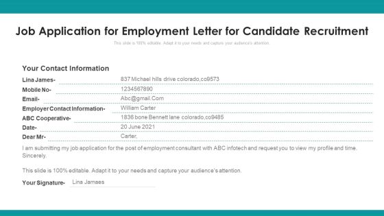 Job Application For Employment Letter For Candidate Recruitment Ppt PowerPoint Presentation Gallery Deck PDF Job Application For Employment Letter For Candidate Recruitment Ppt PowerPoint Presentation Gallery Deck PDF