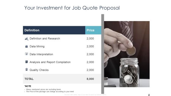 Job Estimate Your Investment For Job Quote Proposal Ppt Slides Visuals PDF Job Estimate Your Investment For Job Quote Proposal Ppt Slides Visuals PDF