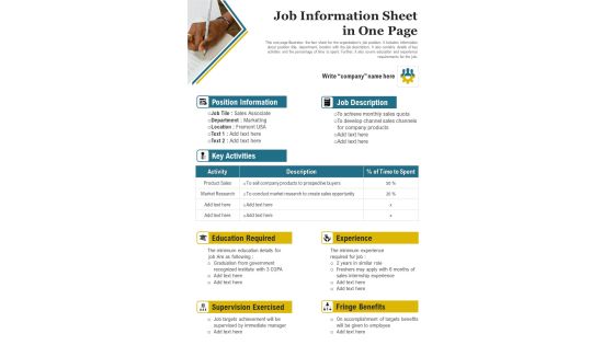 Job Information Sheet In One Page PDF Document PPT Template Job Information Sheet In One Page PDF Document PPT Template