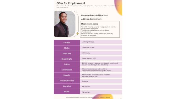 Job Vacancy Proposal Offer For Employment One Pager Sample Example Document
