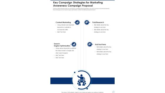 Key Campaign Strategies For Marketing Awareness Campaign Proposal One Pager Sample Example Document Key Campaign Strategies For Marketing Awareness Campaign Proposal One Pager Sample Example Document