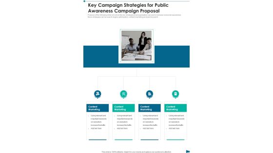 Key Campaign Strategies For Public Awareness Campaign Proposal One Pager Sample Example Document Key Campaign Strategies For Public Awareness Campaign Proposal One Pager Sample Example Document
