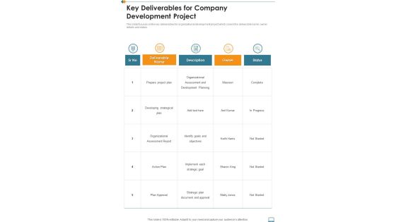 Key Deliverables For Company Development Project One Pager Sample Example Document Key Deliverables For Company Development Project One Pager Sample Example Document