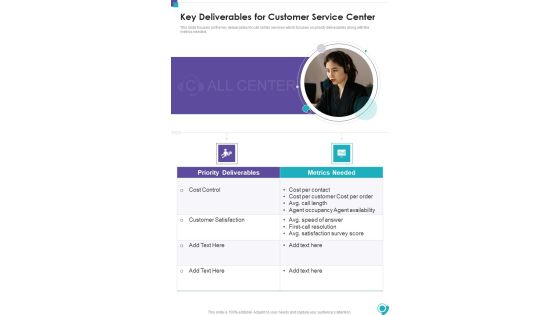 Key Deliverables For Customer Service Center One Pager Sample Example Document Key Deliverables For Customer Service Center One Pager Sample Example Document