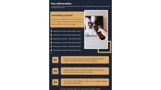 Key Deliverables Television Marketing Campaign Proposal One Pager Sample Example Document Key Deliverables Television Marketing Campaign Proposal One Pager Sample Example Document