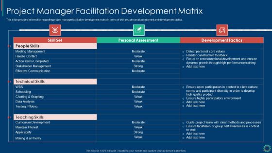 Key Elements Of Project Management IT Project Manager Facilitation Development Matrix Portrait PDF