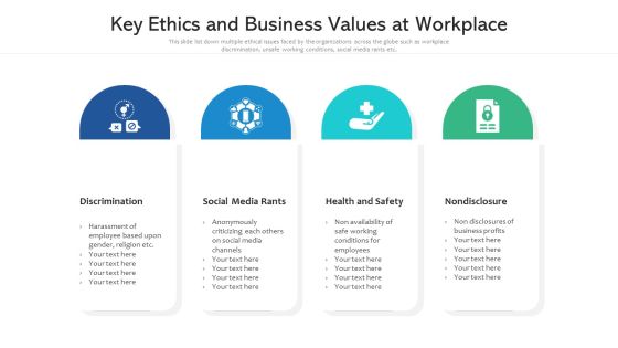 Key Ethics And Business Values At Workplace Ppt PowerPoint Presentation File Inspiration PDF
