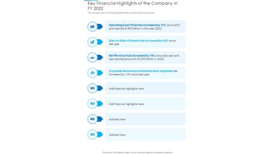 Key Financial Highlights Of The Company In FY 2022 Template 309 One Pager Documents Key Financial Highlights Of The Company In FY 2022 Template 309 One Pager Documents