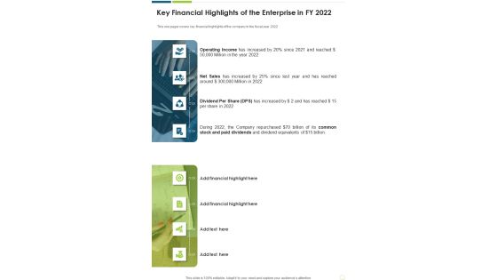 Key Financial Highlights Of The Enterprise In FY 2022 One Pager Documents Key Financial Highlights Of The Enterprise In FY 2022 One Pager Documents