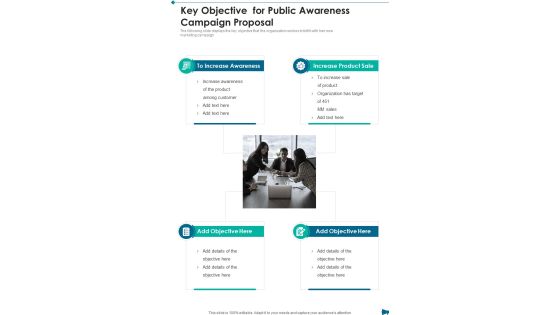 Key Objective For Public Awareness Campaign Proposal One Pager Sample Example Document Key Objective For Public Awareness Campaign Proposal One Pager Sample Example Document