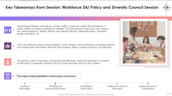 Key Outcomes For Session On Diversity And Inclusion Policy And Diversity Council Training Ppt Key Outcomes For Session On Diversity And Inclusion Policy And Diversity Council Training Ppt