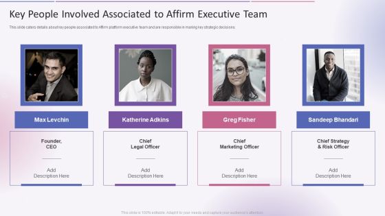 Key People Involved Associated To Affirm Executive Team Affirm Capital Sourcing Elevator Pitch Deck Rules PDF Key People Involved Associated To Affirm Executive Team Affirm Capital Sourcing Elevator Pitch Deck Rules PDF