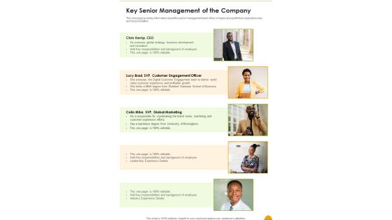Key Senior Management Of The Company Template 106 One Pager Documents Key Senior Management Of The Company Template 106 One Pager Documents