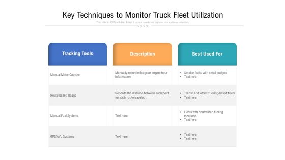 Key Techniques To Monitor Truck Fleet Utilization Ppt PowerPoint Presentation Icon Graphics Pictures PDF Key Techniques To Monitor Truck Fleet Utilization Ppt PowerPoint Presentation Icon Graphics Pictures PDF