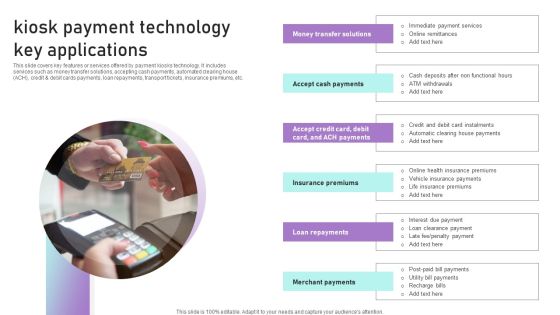 Kiosk Payment Technology Key Applications Ppt Icon Demonstration PDF