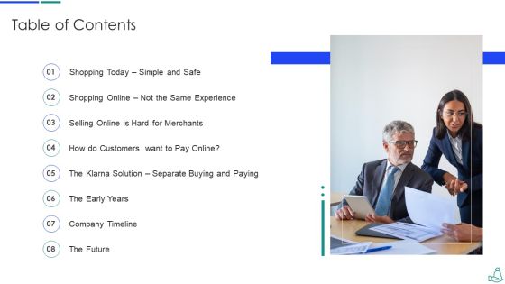 Klarna Venture Capitalist Funding Elevator Pitch Deck Table Of Contents Template PDF Klarna Venture Capitalist Funding Elevator Pitch Deck Table Of Contents Template PDF