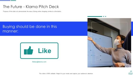 Klarna Venture Capitalist Funding Elevator Pitch Deck The Future Klarna Pitch Deck Designs PDF