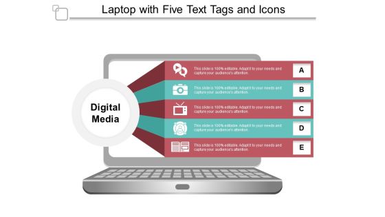Laptop With Five Text Tags And Icons Ppt PowerPoint Presentation Infographics Graphics Template