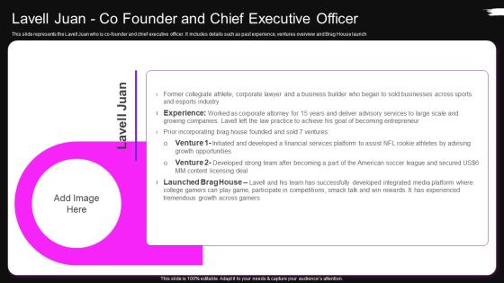 Lavell Juan Co Founder And Chief Executive Officer Brag House Funding Pitch Deck Summary PDF Lavell Juan Co Founder And Chief Executive Officer Brag House Funding Pitch Deck Summary PDF