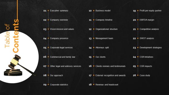 Law And Enforcement Company Profile Table Of Contents Icons PDF Law And Enforcement Company Profile Table Of Contents Icons PDF