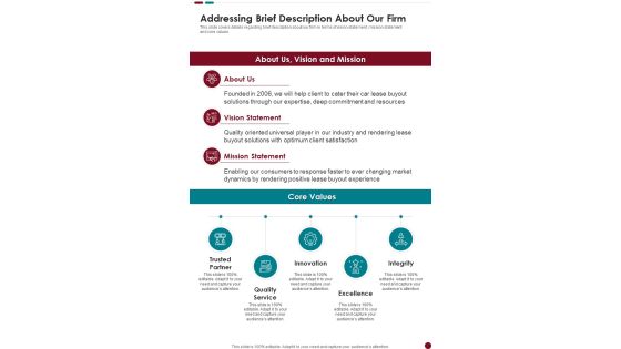 Lease Acquisition Proposal Addressing Brief Description About Our Firm One Pager Sample Example Document Lease Acquisition Proposal Addressing Brief Description About Our Firm One Pager Sample Example Document