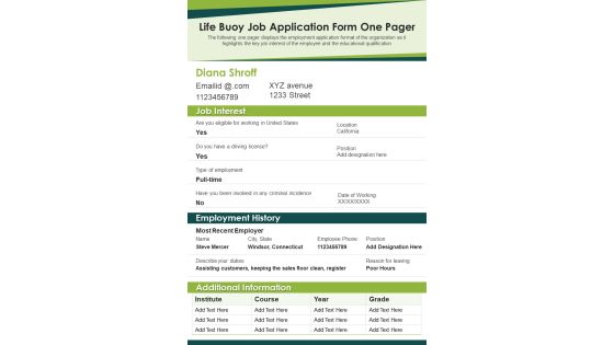 Life Buoy Job Application Form One Pager PDF Document PPT Template Life Buoy Job Application Form One Pager PDF Document PPT Template