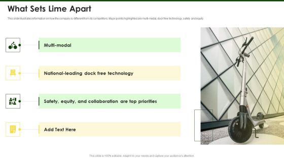 Lime Investor Fundraising Elevator What Sets Lime Apart Ppt File Example Topics PDF Lime Investor Fundraising Elevator What Sets Lime Apart Ppt File Example Topics PDF