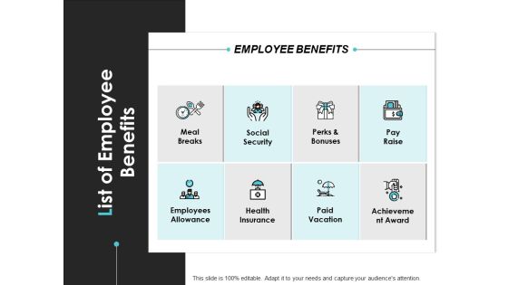 List Of Employee Benefits Achievement Ppt PowerPoint Presentation Icon Objects