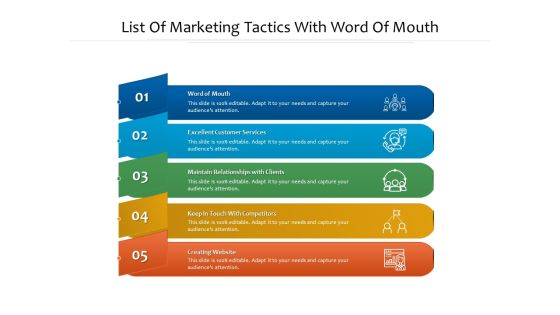 List Of Marketing Tactics With Word Of Mouth Ppt PowerPoint Presentation File Infographics PDF List Of Marketing Tactics With Word Of Mouth Ppt PowerPoint Presentation File Infographics PDF