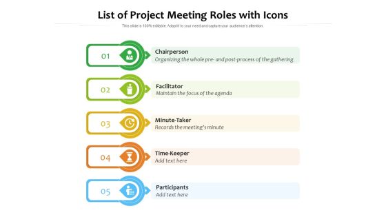 List Of Project Meeting Roles With Icons Ppt PowerPoint Presentation File Ideas PDF
