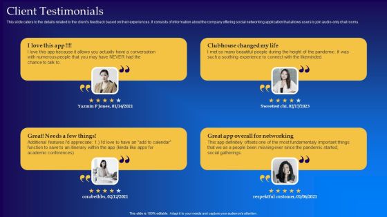 Live Audio Chat Platform Fundraising Pitch Deck Client Testimonials Ideas PDF