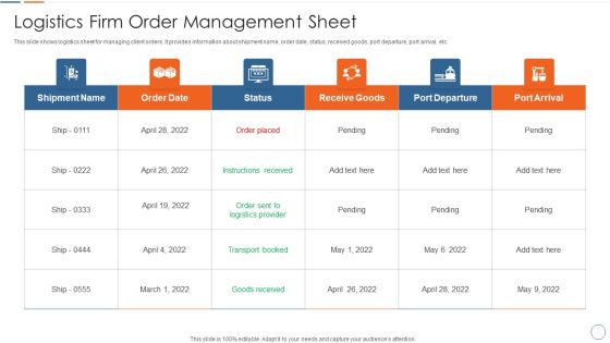 Logistics Firm Order Management Sheet Microsoft PDF Logistics Firm Order Management Sheet Microsoft PDF