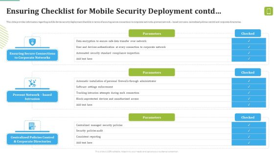 MDM Strategies At Office Ensuring Checklist For Mobile Security Deployment Contd Template PDF MDM Strategies At Office Ensuring Checklist For Mobile Security Deployment Contd Template PDF