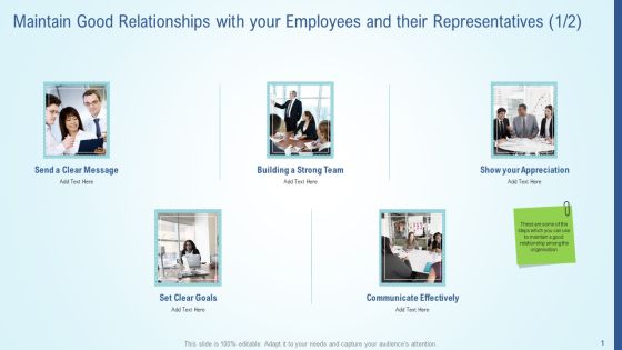 Maintain Good Relationships With Your Employees And Their Representatives Icon Demonstration PDF Maintain Good Relationships With Your Employees And Their Representatives Icon Demonstration PDF