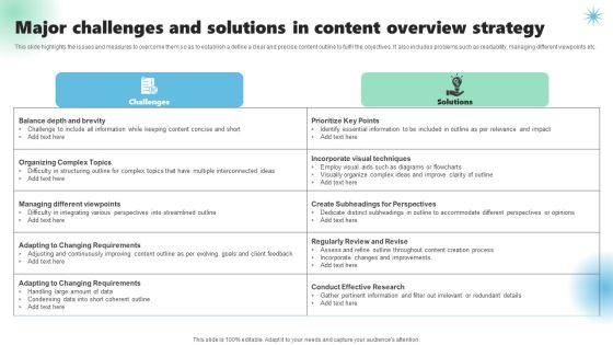 Major Challenges And Solutions In Content Overview Strategy Brochure PDF Major Challenges And Solutions In Content Overview Strategy Brochure PDF