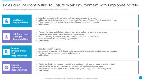 Major Techniques For Project Safety IT Roles And Responsibilities To Ensure Work Environment With Employee Safety Graphics PDF