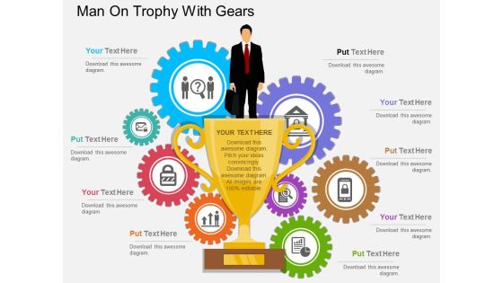 Man On Trophy With Gears Powerpoint Template Man On Trophy With Gears Powerpoint Template