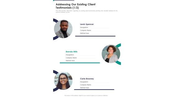Management Advisory Proposal Addressing Our Existing Client Testimonials One Pager Sample Example Document Management Advisory Proposal Addressing Our Existing Client Testimonials One Pager Sample Example Document