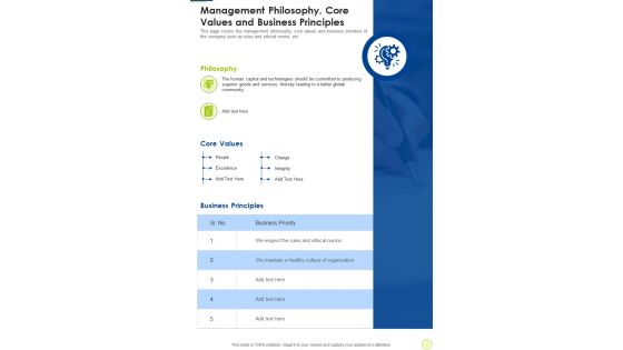 Management Philosophy Core Values And Business Principles One Pager Documents