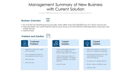 Management Summary Of New Business With Current Solution Ppt PowerPoint Presentation Model Influencers PDF Management Summary Of New Business With Current Solution Ppt PowerPoint Presentation Model Influencers PDF