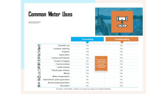 Managing Agriculture Land And Water Common Water Uses Ppt Infographics Graphics Example PDF Managing Agriculture Land And Water Common Water Uses Ppt Infographics Graphics Example PDF