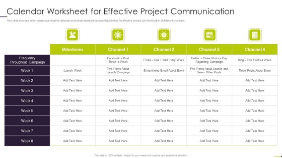 Managing Project Communication Calendar Worksheet For Effective Project Communication Portrait PDF