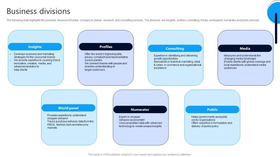 Market Research Evaluation Company Outline Business Divisions Pictures PDF