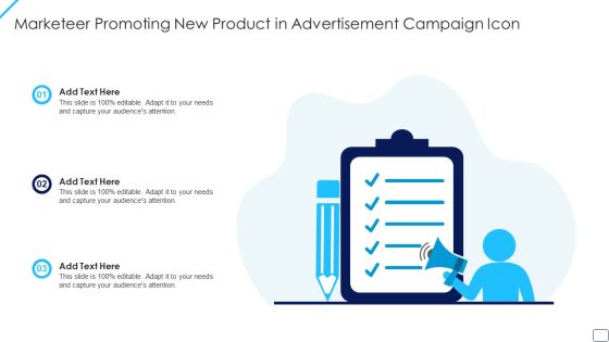 Marketeer Promoting New Product In Advertisement Campaign Icon Designs PDF Marketeer Promoting New Product In Advertisement Campaign Icon Designs PDF