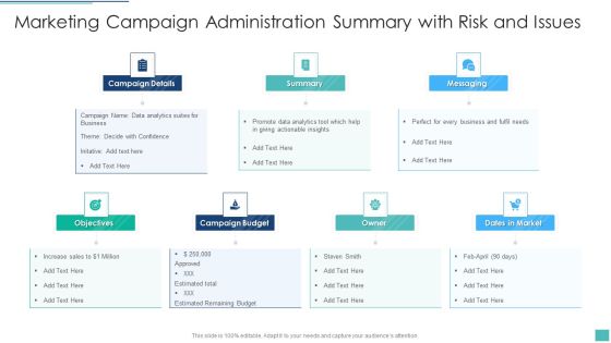 Marketing Campaign Administration Summary With Risk And Issues Microsoft PDF Marketing Campaign Administration Summary With Risk And Issues Microsoft PDF