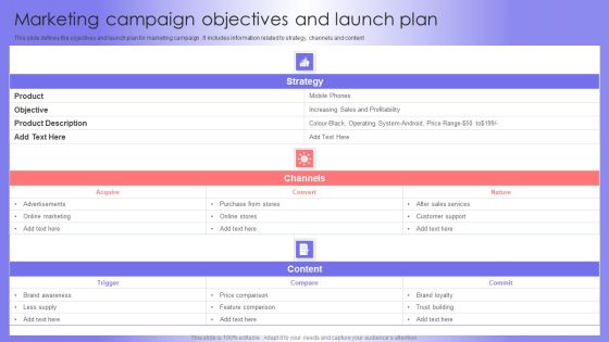 Marketing Campaign Objectives And Launch Plan Slides PDF